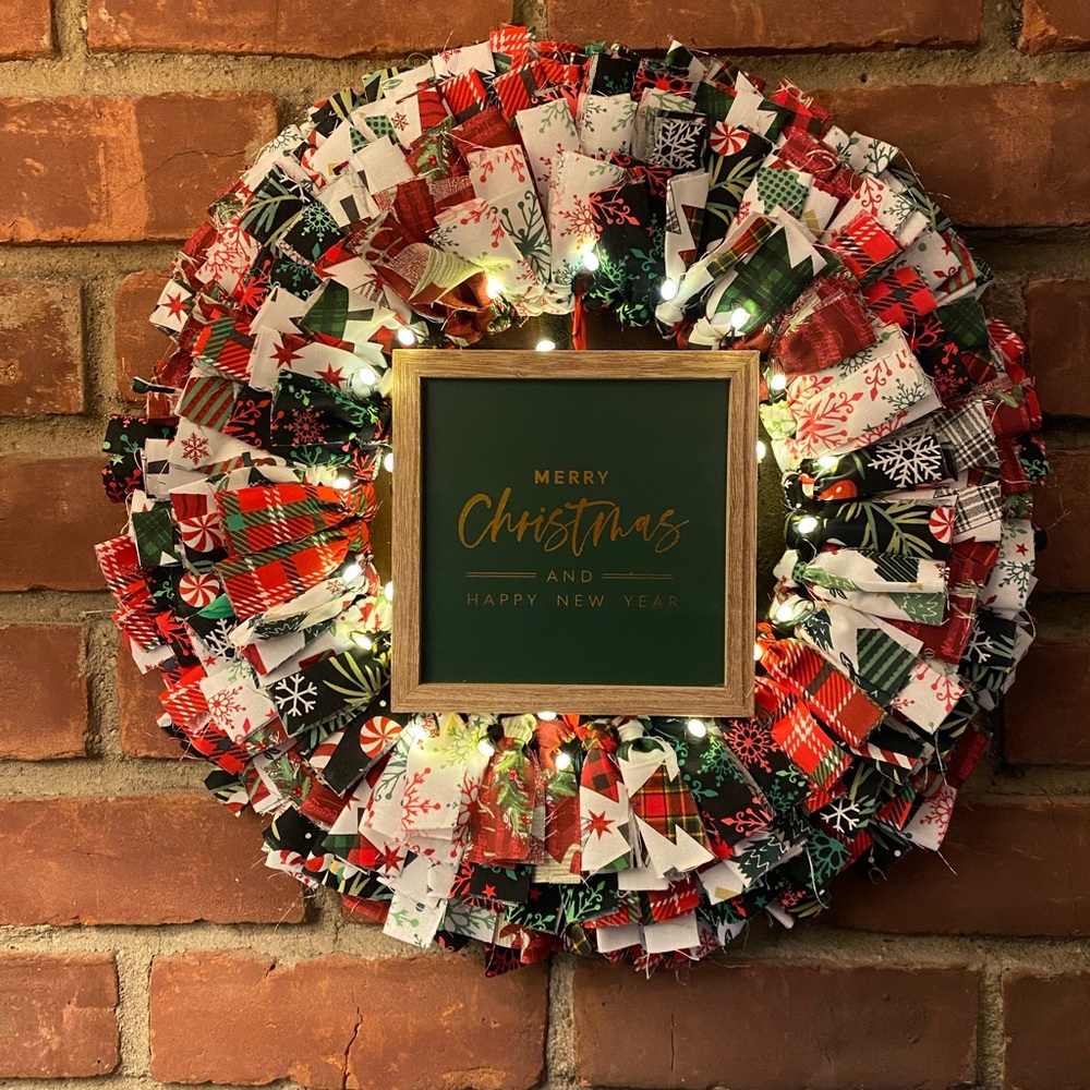 Merry Christmas and Happy New Year Rag Wreath